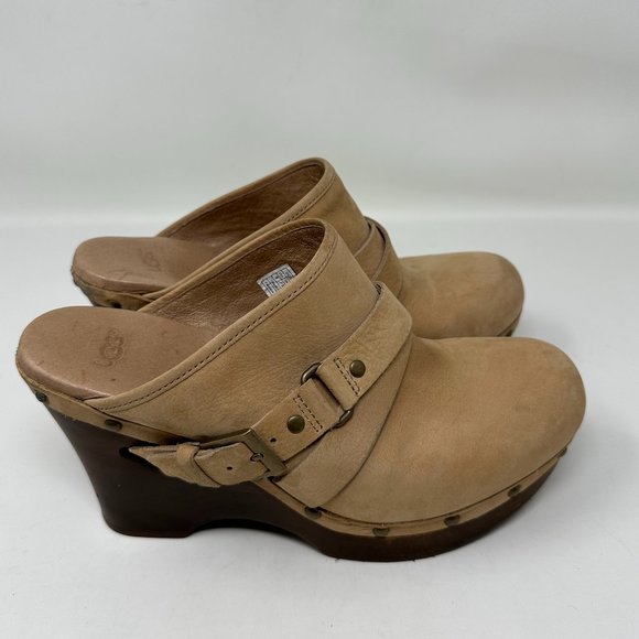 UGG Nubuck Leather Studded Slip On Wedge Mules Heels Womens - Picture 1 of 15